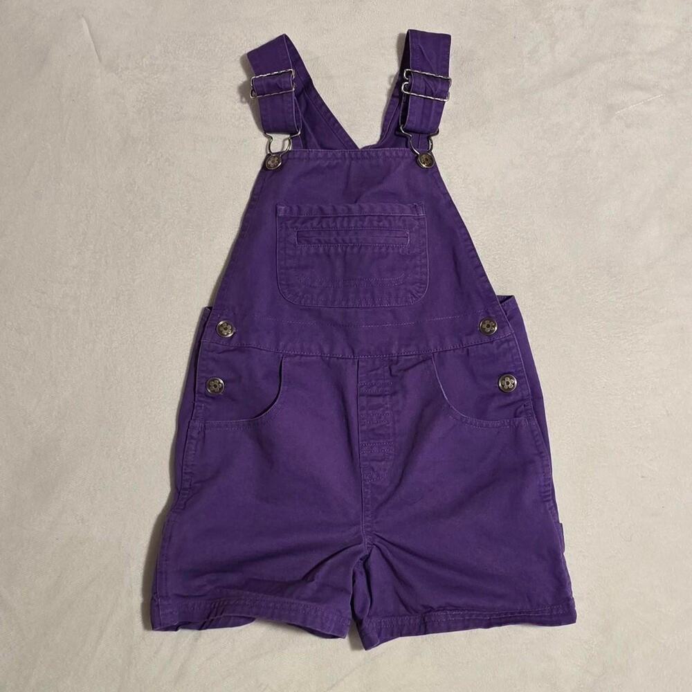 Vintage 90s/Y2K Purple Overall Shorts with Flower Buttons size 6/6X